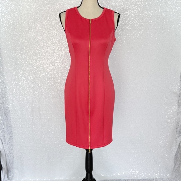 Calvin Klein Coral Sleeveless Sheath Dress with Gold Front Zipper – Size M - Picture 12 of 14